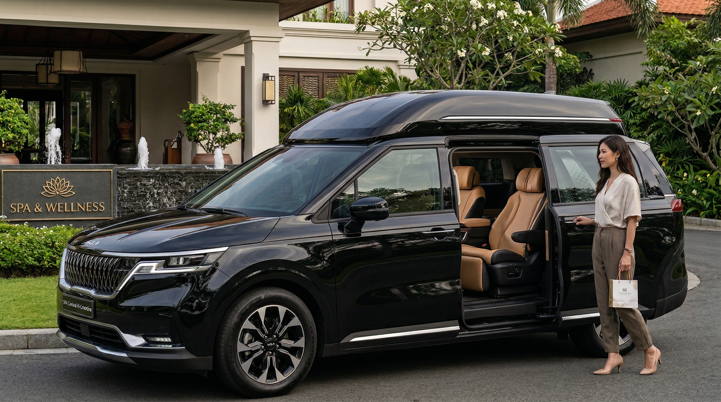 Holistic Beauty Tour (HBT) premium VIP transfer service featuring a luxury black high limousine park